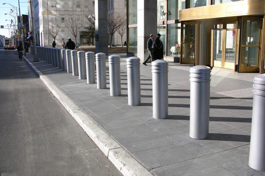 High traffic downtown area with shallow bollards