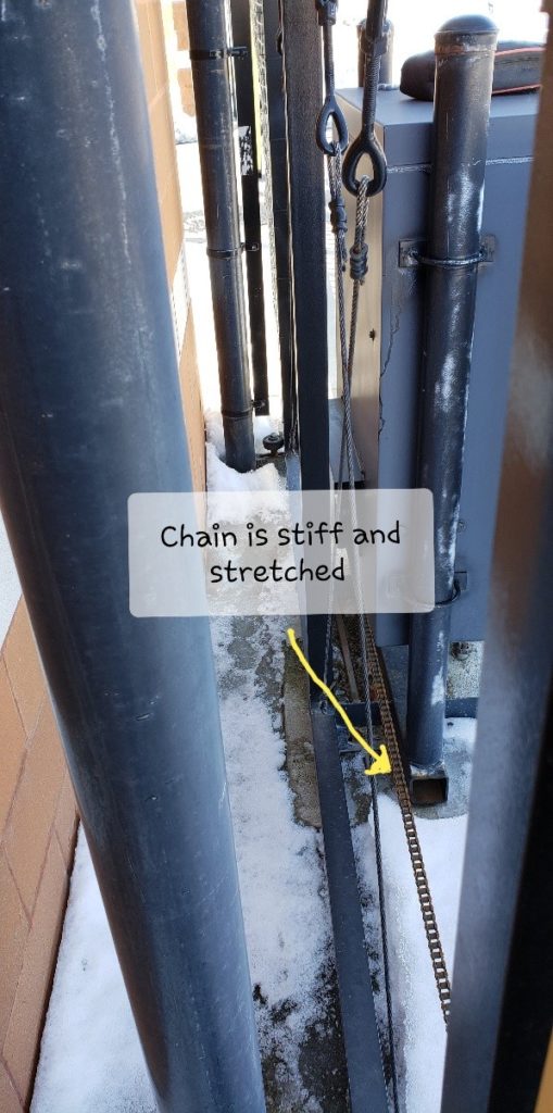 A gate operator with a chain that is stiff and stretched