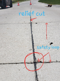Labeled image featuring the relief cut and safety loop in the driveway concrete for the automated gate