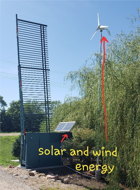 Automated gate with a solar panel and windmill for energy supply