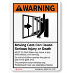 Gate safety warning sign. Reads "Warning! Moving gate can cause serious injury or death"

safety signs protection standards fence company fencing contractors automated electric gate opener operators solar motor motorized automatic access control driveway estate slide swing rolling cantilever vertical lift vertical pivot open close stop key pad switch push button three button control intercom call button telephone entry computerized entry loop exit obstruction shadow detector transmitter receiver radio frequency wifi linear box cantilever aluminum 