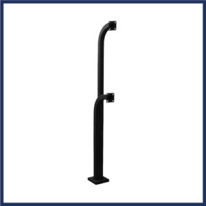 Dual gooseneck stand for pad mounts. Dual height for average & tall vehicles. Heavy gauge steel. 12" Throw.