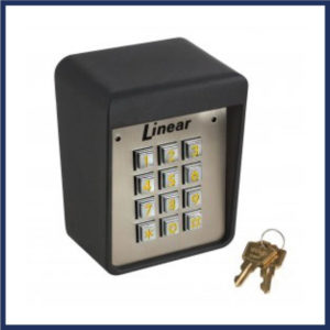 Linear outdoors gate keypad with keys. Holds up to 480 pin codes Rugged, cast aluminum enclosure Two LED indicators for system status